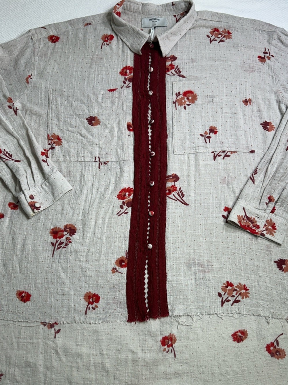 One Teaspoon Distressed Button-Down Shirt in Cream with Red Floral Print